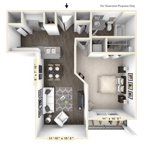 Floor plan for 1 bed, 1 bath, 783 sqft